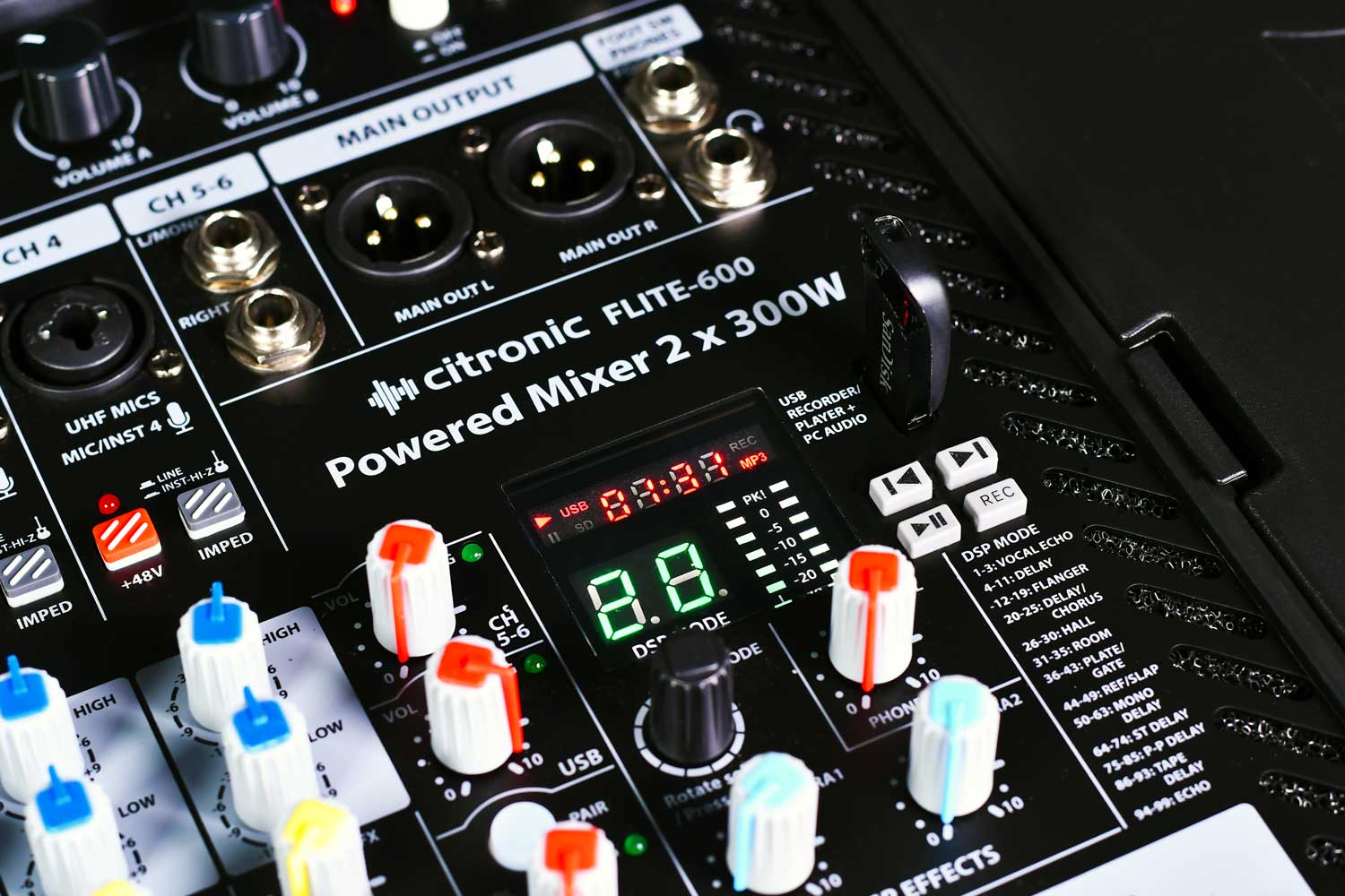 Citronic FLITE-600 Powered Mixer 2 x 300W with 2 UHF Mics + DSP Effects