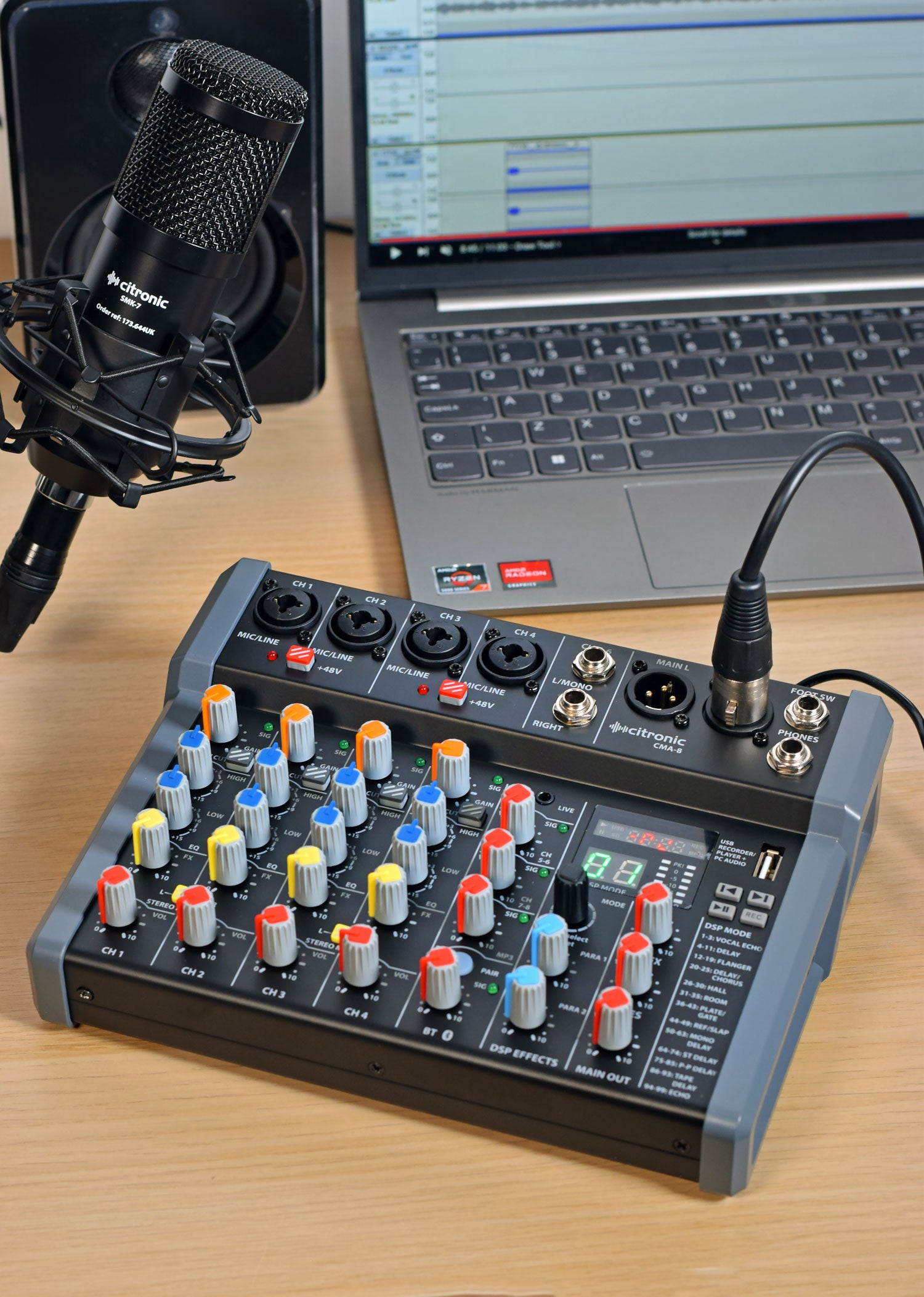 Citronic CMA-8 Kompakt Mikser med DSP, USB Play/Record/PC and Bluetooth 4 mono + 2 stereo