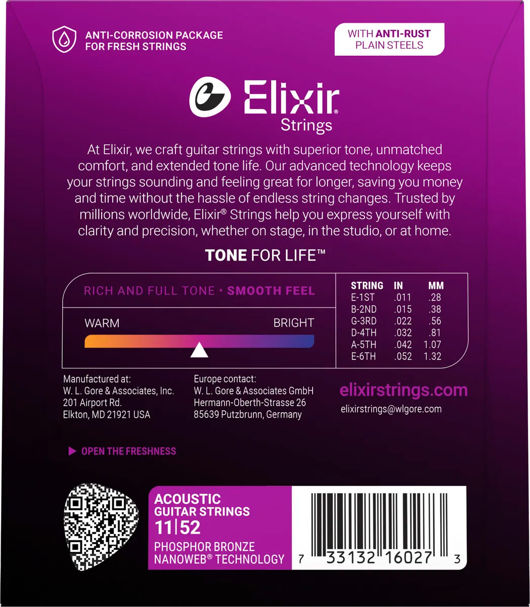 ELIXIR NANOWEB PHOSPHOR BRONZE NANOWEB® Custom Light 11-52. Strenger til Akustisk gitar.
