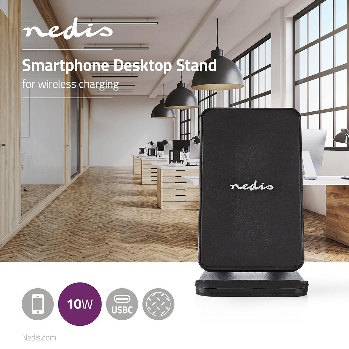 Bordstativ for mobiltelefon med trådløs lader 10 W USB Type-C™
