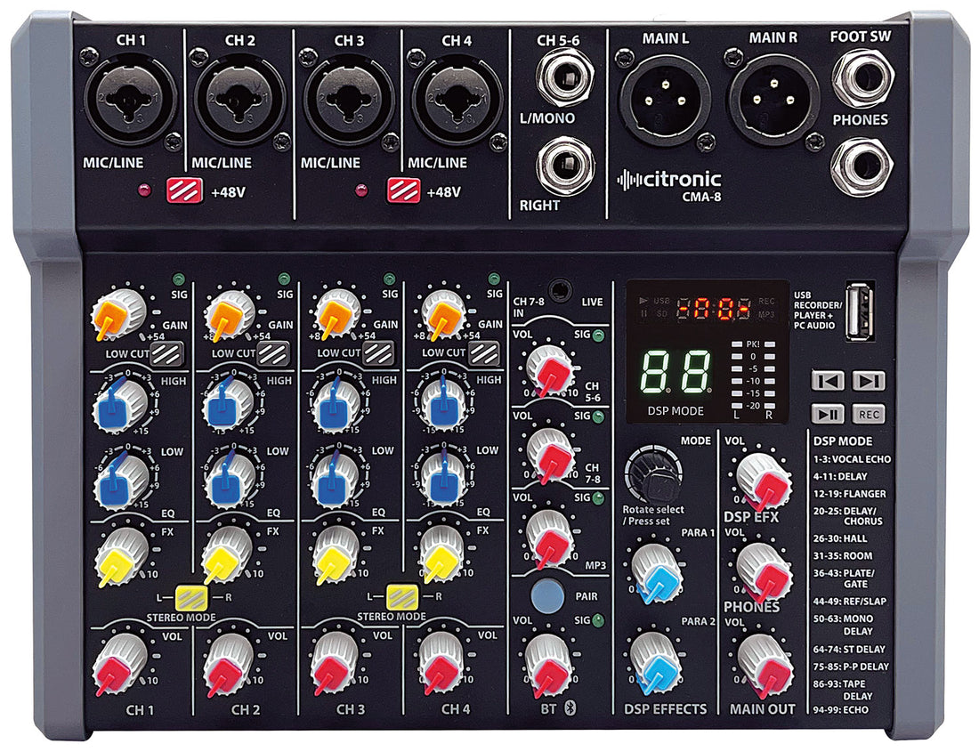 Citronic CMA-8 Kompakt Mikser med DSP, USB Play/Record/PC and Bluetooth 4 mono + 2 stereo