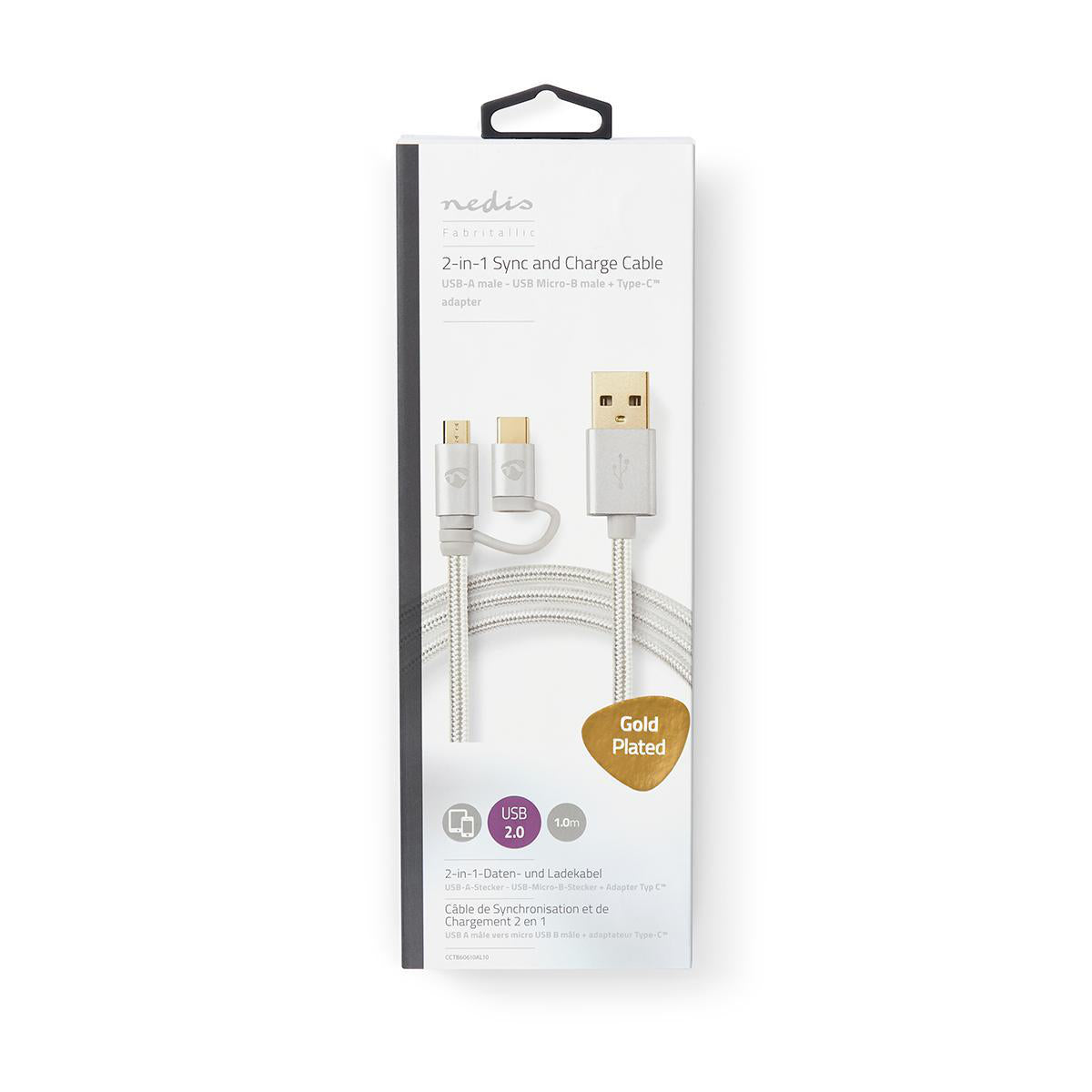 2 i en kabel USB 2.0 Han til USB Micro-B Han / USB-C™ Han  2.00 m Gull belagt