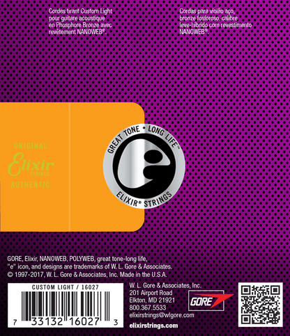 ELIXIR NANOWEB PHOSPHOR BRONZE NANOWEB® Custom Light 11-52. Strenger til Akustisk gitar.