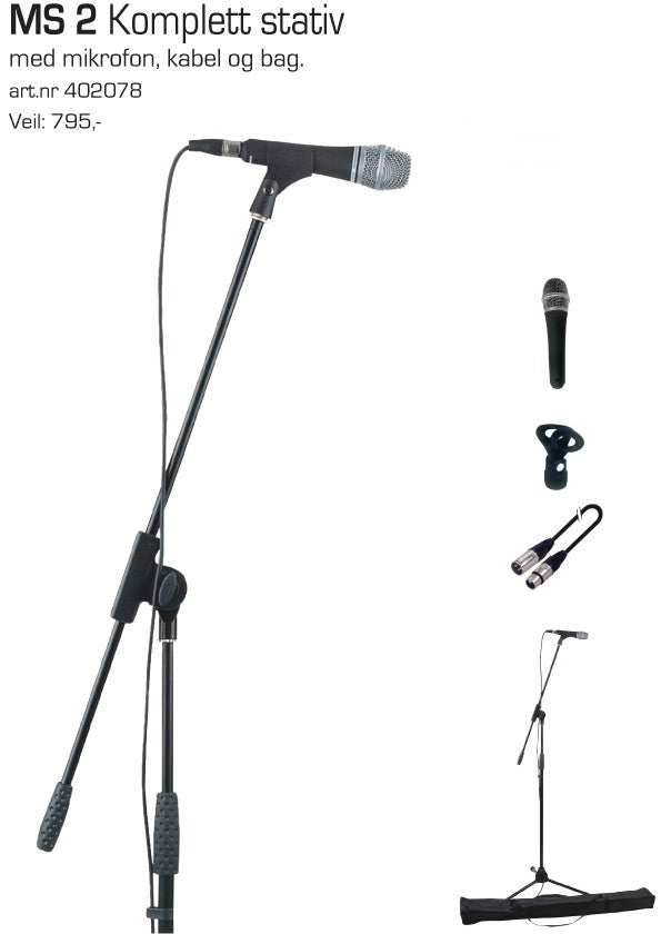 MS-2 KOMPLETT MIKROFONSTATIV m/ MIKROFON, KABEL og BAG